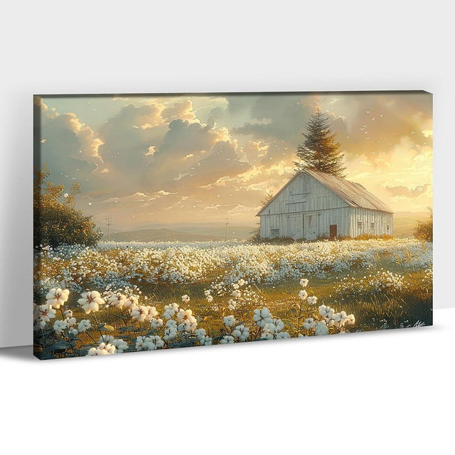 Rustic Farmhouse Wall Art, Old White Barn & Wildflower in Farm Grass Painting Pictures for Living Room Canvas Wall Decor, Framed Vintage Country Landscape Prints Posters for Home Artwork 32x48 Inches