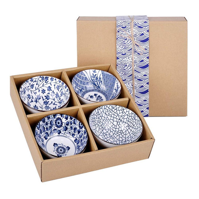 VanEnjoy Set of 4 Japanese Style Ceramic Rice Bowl with Gift Box,Blue and White Pattern Bowls Set,Underglazed Dinnerware, For Dessert Snack Cereal Soup Portion Control Bowl
