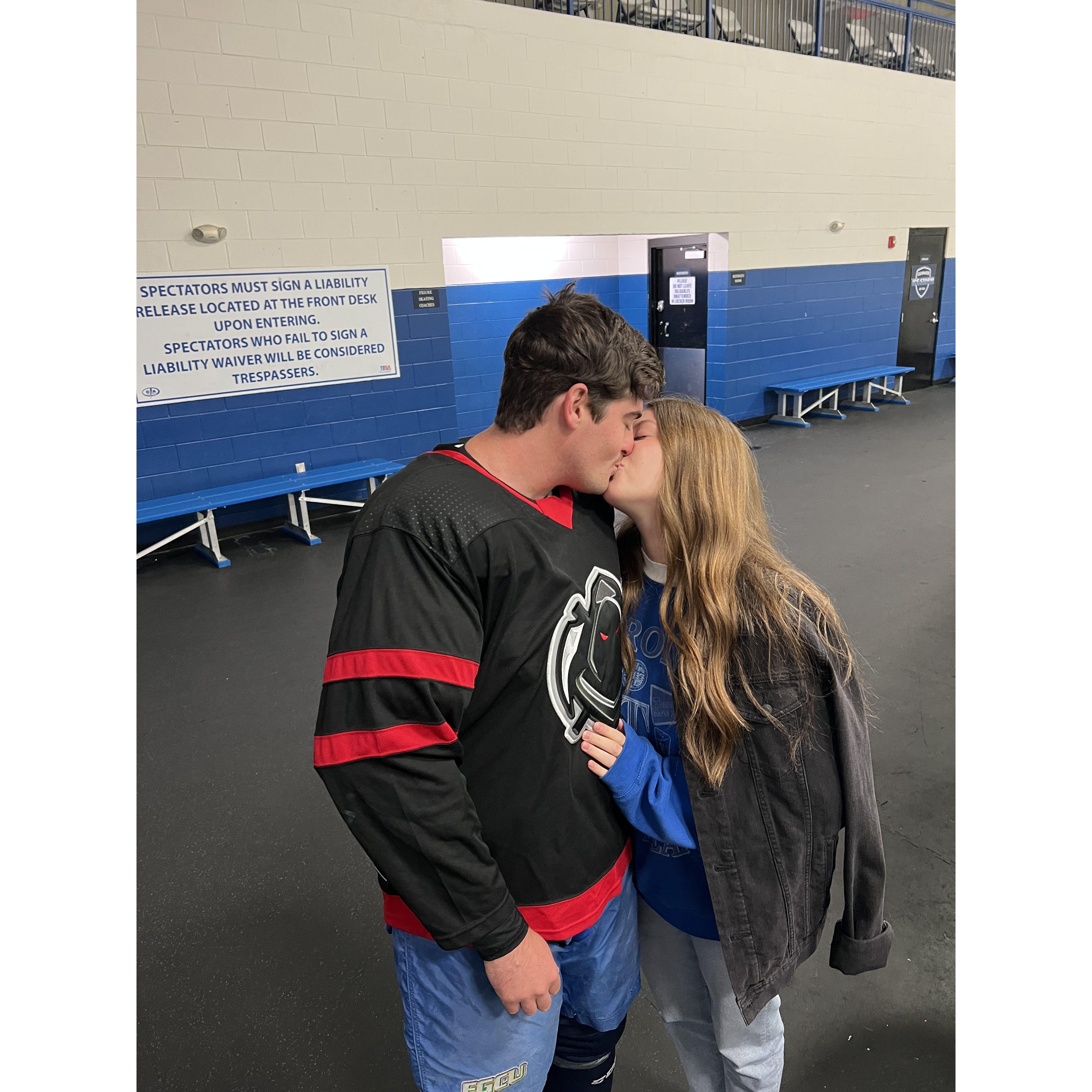 A pre-game good luck kiss in honor of Naomi becoming a hockey girlfriend (they won)
