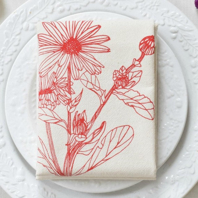 Calendula Flower Tea Towel 100% Organic Cotton Red Botanical Print Dishcloth Farmhouse Kitchen Cloth
