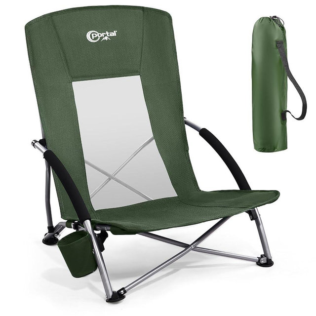 Portal Beach Chairs for Adults Camping Low Lightweight Portable Chair with Cup Holder Mesh Back Carry Bag for Outdoor Sand Lawn Travel Picnic Festival Concert