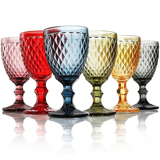 ZOOFOX Set of 6 Wine Glasses, 10 oz Colored Glass Goblet with Diamond Pattern, Embossed High Clear Glassware for Party and Wedding ( Multi-Colors )