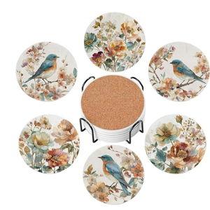 Drink Absorbent Coasters with Holder Set of 6, Ceramic Stone with Cork Base, Watercolor Orange Bird and Flowers Coaster for Drinks, Gift for Housewarming Room Bar Home Decor Kitchen
