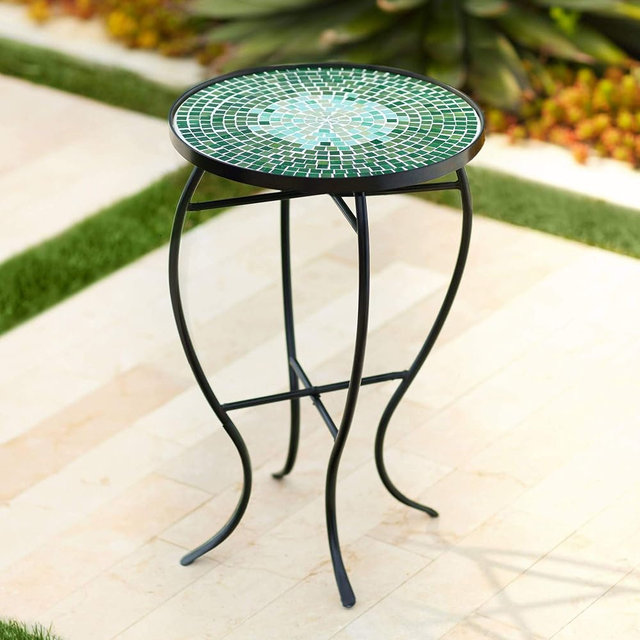 Teal Island Designs Bella Modern Black Metal Round Outdoor Accent Side Table 14" Wide Green Mosaic Tile Inlay Tabletop Gracefully Curved Legs for Patio House Home Balcony Spaces Deck Shed Yard