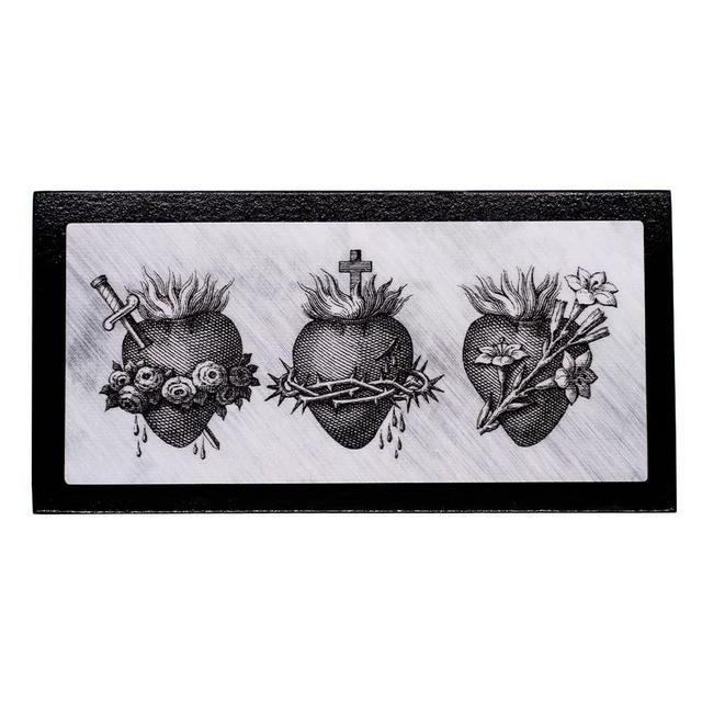 Decoration Block Plaque with the Hearts of the Holy Family | Immaculate Heart of Mary, Sacred Heart of Jesus, The Chaste Heart of Saint Joseph | Black and White Art