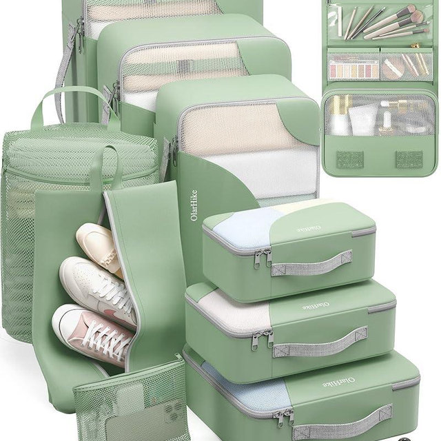 ALL INCLUDED 10 Set Durable Packing Cubes for Suitcases,OlarHike Essentials for Travel,UPGRADED Anti-Tear Stitching, NEW Improved Luggage Packing Organizers for Travel Accessories, Matcha Green