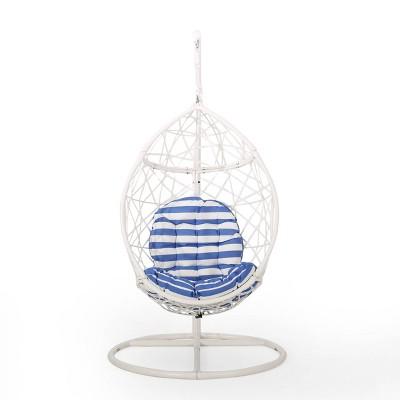 Cayuse Outdoor Wicker Tear Drop Hanging Chair - White/Blue - Christopher Knight Home