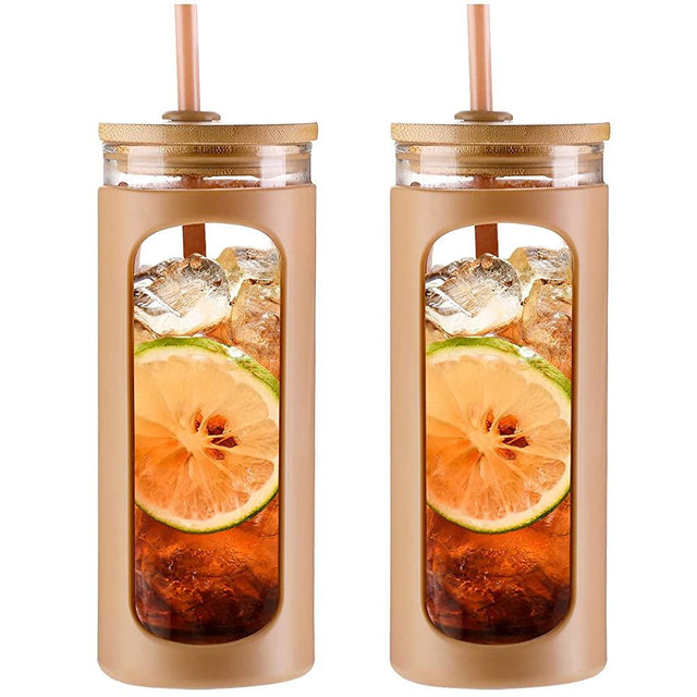 Kodrine 20oz Glass Water Bottle with Straw and Lid,Bamboo Lids Water Tumbler, Iced Coffee Cup Reusable, Wide Mouth Smoothies Cup, Straw Silicone Protective Sleeve BPA FREE-Amber-2pack