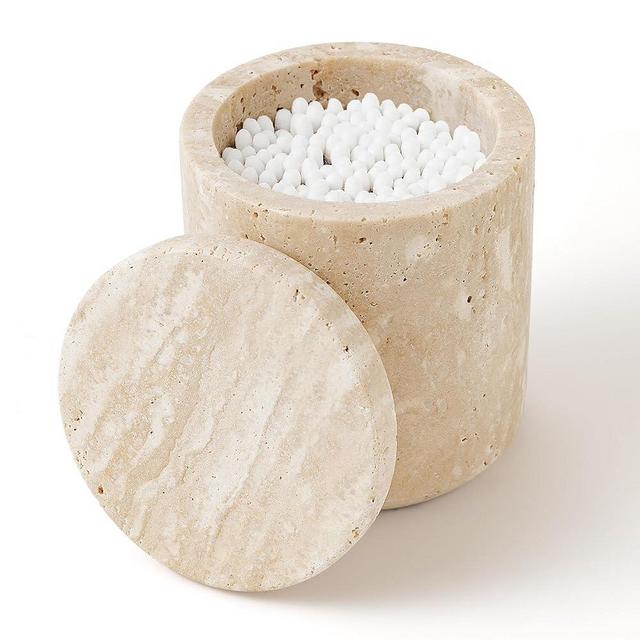 WORHE Travertine Qtip Holder Dispenser with Lid for Cotton Swabs,Balls,Pads,Floss Picks Large Capacity Marble Apothecary Jar for Bathroom Essentials Decor, Vanity Makeup Storage Organizer Beige(WH050)