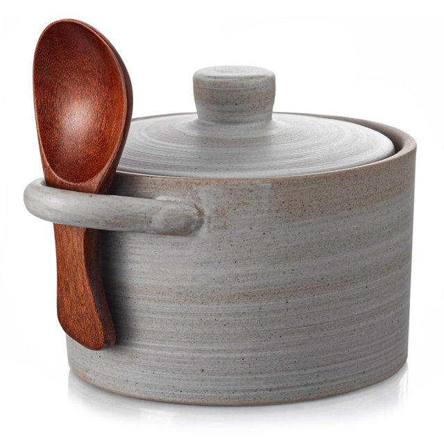 Honeydak Speckled Ceramic Salt Cellar with Lid and Wooden Spoon, Rustic Farmhouse Salt Pepper Cellar Holder for Valentines Day,Housewarming Gift, Heavyweight Spices Jar(Threaded Gray,1 Set)