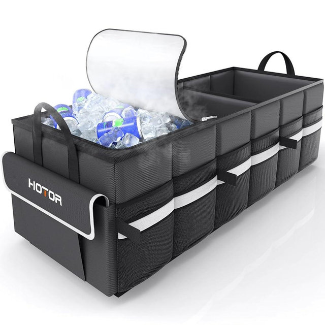 HOTOR Trunk Organizer for Car - Car Organizer with Built-In Leakproof Car Cooler, Collapsible Trunk Organizer with Cooler for Car, SUV, Sedan, with Base Panel (3 Compartments, Black),31.9"×12.6"×10.6”