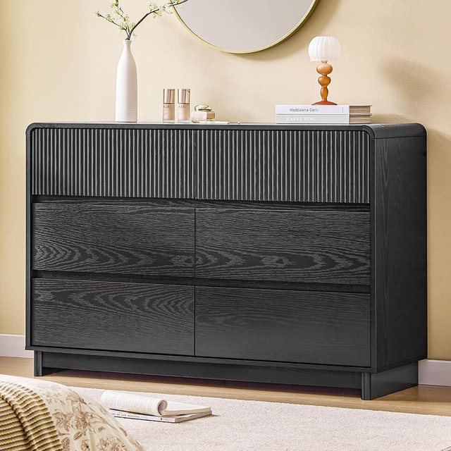 AOGLLATI Modern 6 Drawer Dresser for Bedroom, 47" Wide Fluted Double Black Dressers & Chests of Drawers with Curved Profile Design for Bedroom,Black