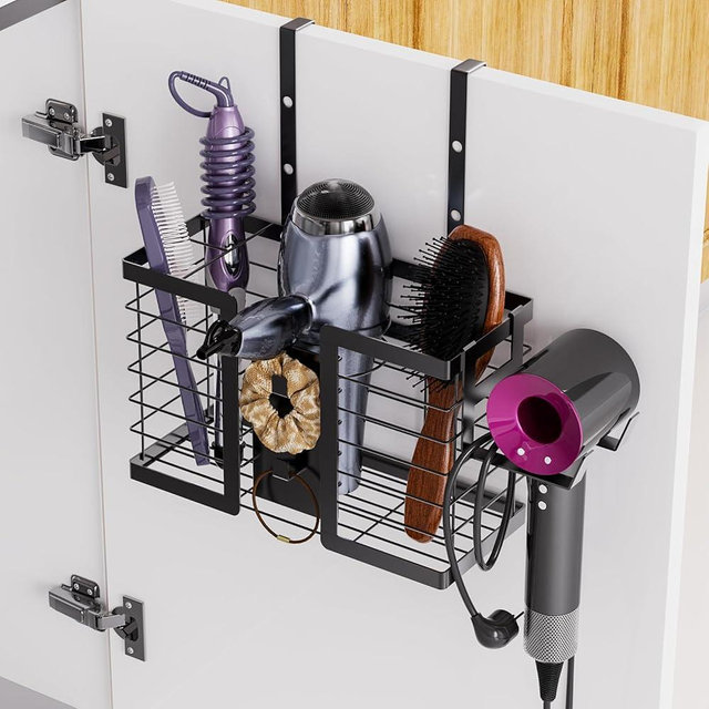 FUNKYLEE Hair Dryer Holder - Hair Tool Organizer, 3 in 1 Metal Bathroom Organizer Adjustable Height, Blow Dryer Holder Wall Mounted/Under Sink/Countertop for Flat Curling Iron, Hair Straighteners