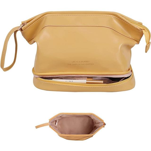 Abiudeng Makeup Bag,Double Layer Cosmetic Bag,Travel Makeup Bag,Leather Makeup Bag, Cosmetic Travel Bags,Portable Leather Toiletry Bag,Roomy Cosmetic Bag for Women and Girls.Yellow