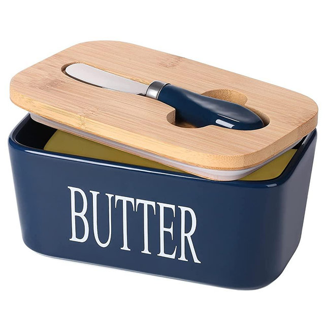 Ceramic Butter Dish with Wooden Lid, Lxmons Large Butter Container Keeper Storage with Stainless Steel Butter Knife Spreader, Bamboo Cover and Silicone Sealing Ring for West East Coast Butter, Blue
