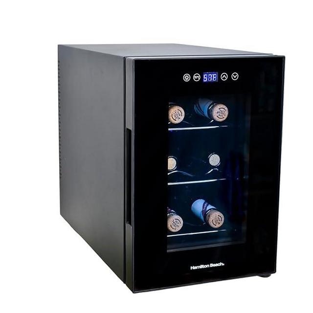 Hamilton Beach 6 Bottle Wine Fridge for Red, White, Sparkling, or Champagne Beverages, Digital Display, Adjustable Cooler Temperature, Table or Countertop Storage, Free Standing, 13L