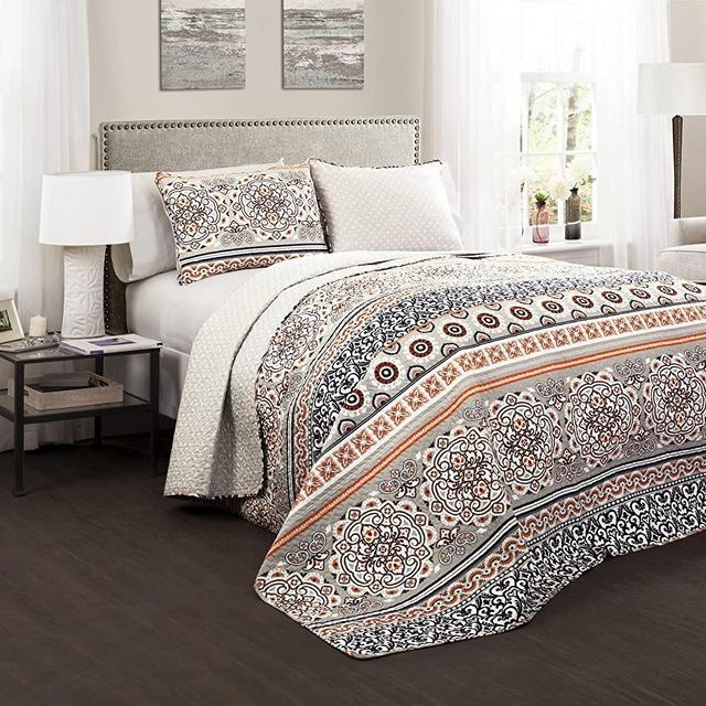 Lush Decor Nesco Quilt Striped Pattern Reversible 3 Piece Bedding Set, King, Navy and Coral