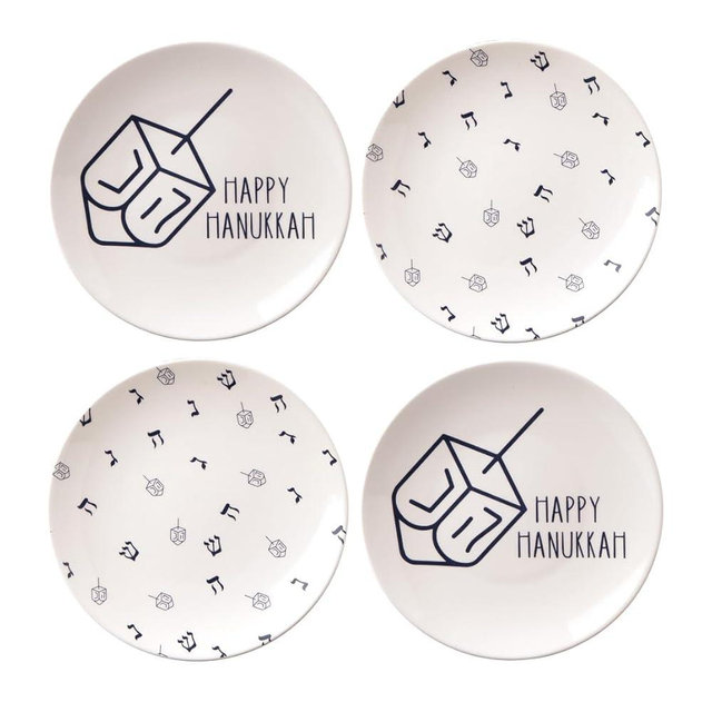 Godinger Appetizer Plate, Salad Plate, Dessert Plate Set of 4 – Happy Hanukkah Design, Versatile for Serving Latkes, Desserts, or as Decorative Holiday Pieces – Perfect Hanukkah Gift, 7X7
