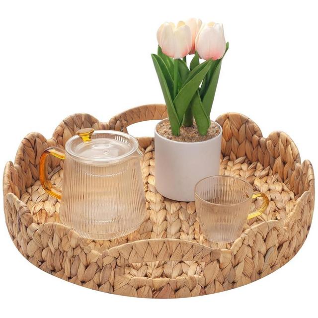 Yangqihome Round Scalloped Serving Tray, 14 inch Decorative Water Hyacinth Scalloped Basket with Built-in Handles, Round Ottoman Trays for Coffee Table for Kitchen and Living Room