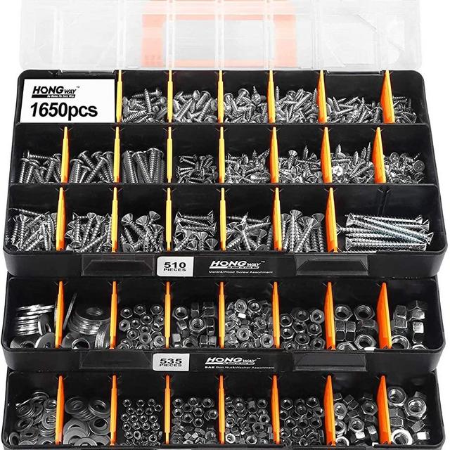 HongWay 1,650 Piece Deluxe Hardware Fastener Assortment Kit with 64 Size in Detachable"No Mix" Case, Bolt, Nuts & Washer Assortment and Metal & Wood Screw Assortment