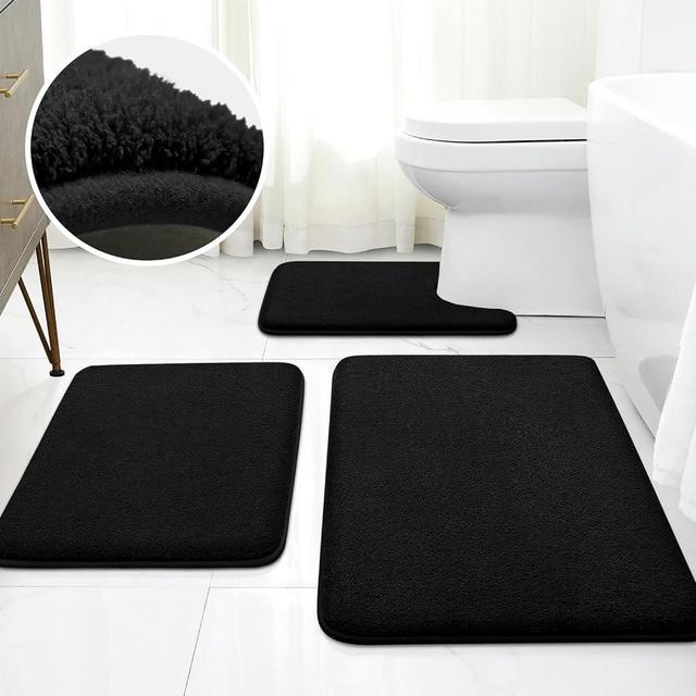 HOMEIDEAS Upgraded Bathroom Rugs Set 3 Piece, Extra Thick Absorbent Plush Soft Memory Foam, Washable Toilet Bath Mat (Black)