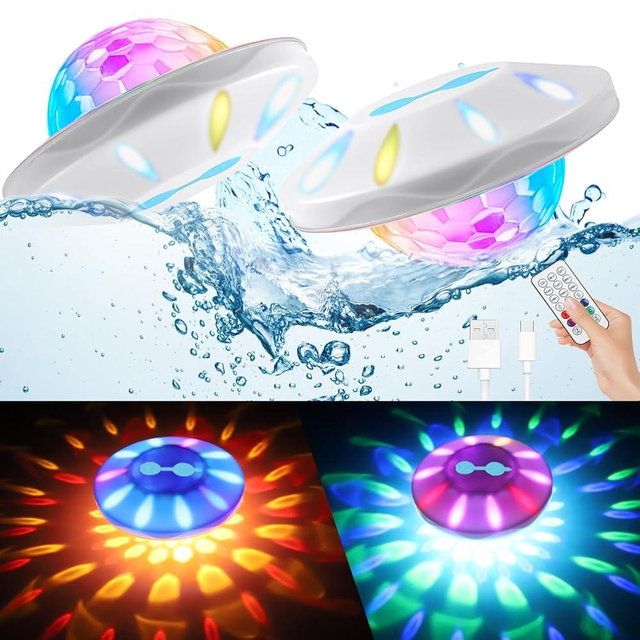 BOXPSII Floating Pool Lights, Pool Lights IP68 Waterproof, Rechargeable RGB Upper and Lower Color Changing Pool Floating Lights with 6 Dynamic Lighting, Floating Lights for Pool, Garden,Paths-2PACK
