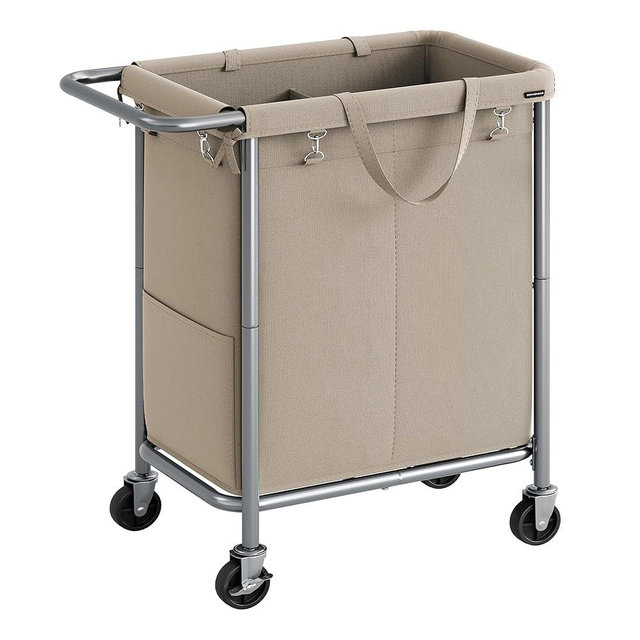 SONGMICS Laundry Basket with Wheels, 2-Section Rolling Laundry Hamper, 37 Gallons (140 L), Removable Liner, Steel Frame with Handle, Blanket Storage, 27.2 x 15.4 x 31.9 Inches, Camel Brown URLS004N01