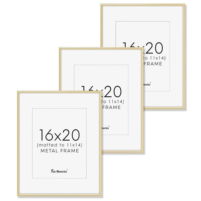 16x20 Aluminum Picture Frame Gold, 16"x20" Frame for Wall with Real Glass, 16 x 20 Gold Metal Frame, 16x20 Picture frame Matted to 11x14, Set of 3