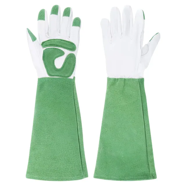 Unique Bargains Leather Thorn Proof Breathable Shock Absorbing Garden Glove 1 Pair White/Green M