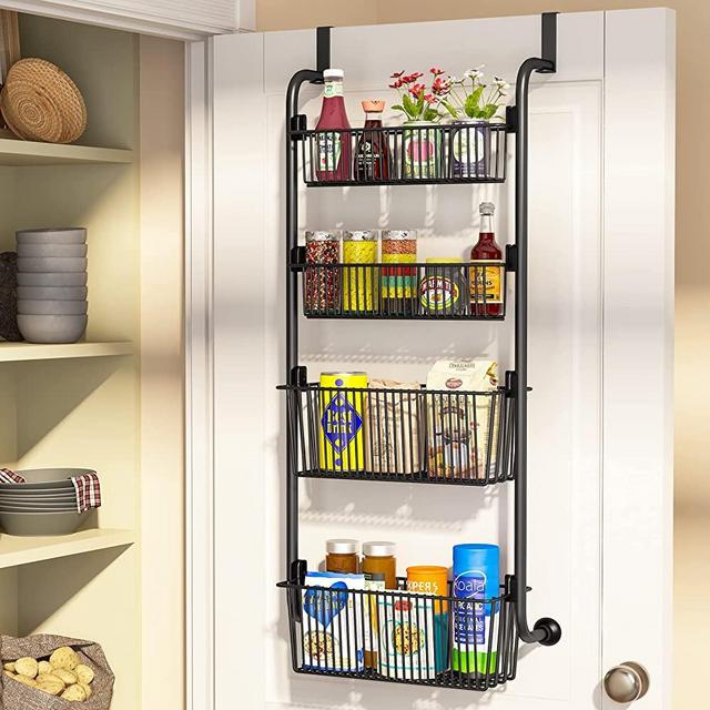 Over the Door Pantry Organizer Rack, 1Easylife 4 Baskets Pantry Door Organization and Storage, Heavy-Duty Metal Kitchen Spice Rack Over Door Can Organizer (2x4.72"+2x5.9"Width Baskets, Black)