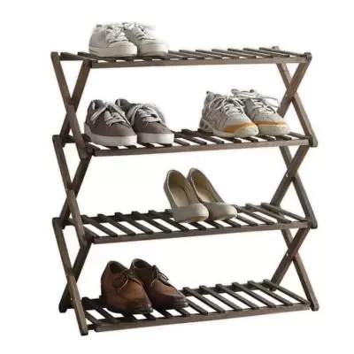 Lifestyle Home 4-Tier Solid Wood Foldable Shoe Rack in Dark Brown