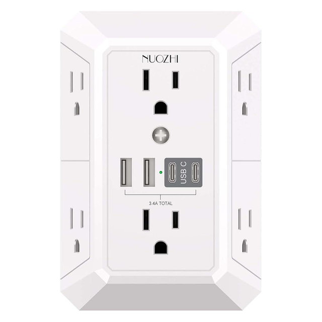 Outlet Extender Surge Protector - NUOZHI 6 Outlet Splitter with 4 USB Ports(2 USB-C), Multi Plug Wall Outlet 1680J Power Strip for Home Office Dorm Room Essentials, ETL, White
