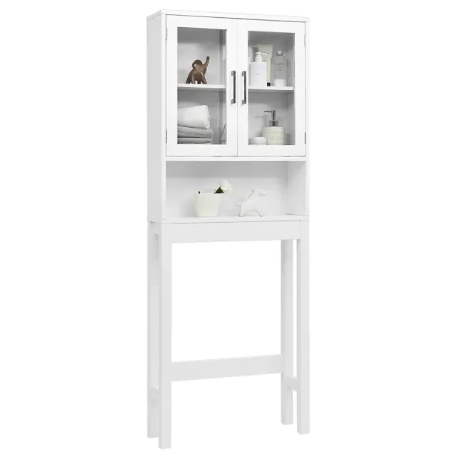 Costway Over the Toilet Storage Cabinet Bathroom Space Saver w/Tempered Glass Door White