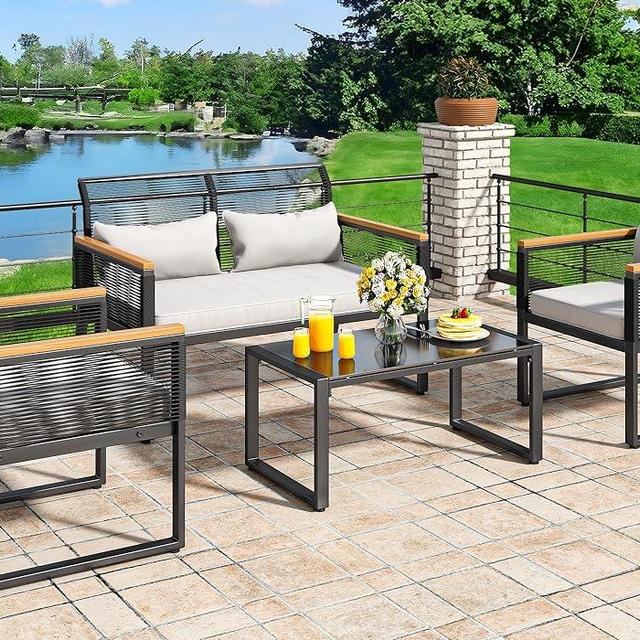 YITAHOME Patio Furniture Wicker Outdoor Bistro Set, 4-Piece All Weather Rattan Conversation Sets for Backyard, Balcony and Deck with Wooden Armrest, Gray Cushions and Metal Coffee Table, Black