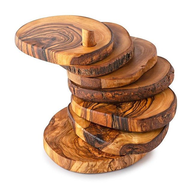 Forest Decor Olive Wood Coasters in a Unique Pin Holder - Set of 6 - Handmade Wooden Farmhouse Coaster Set for Home & Wedding Decoration - Cabin Decor Coaster Set for Table - Coasters for Drinks