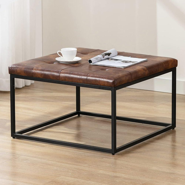 DUHOME Square Ottoman Coffee Table, Faux Leather Ottoman Foot Rest Upholstered Button Tufted Ottoman for Living Room with Metal Frame, Yellowish Brown & Black Base