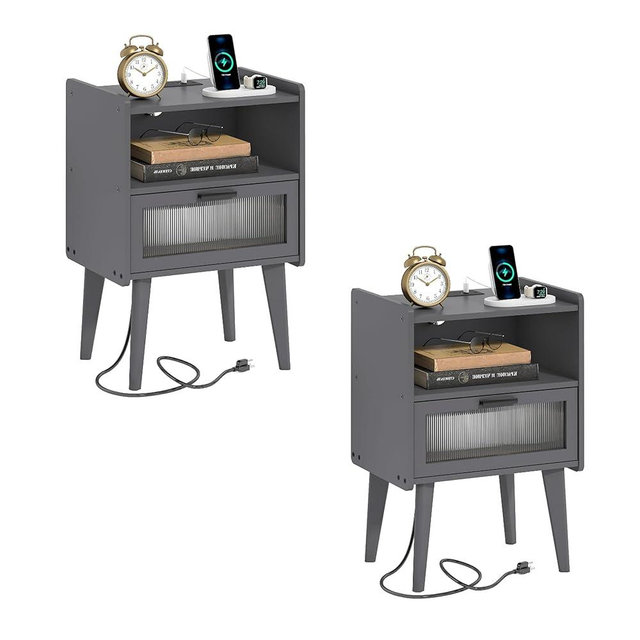 MMEOLUOOK Nightstand with Charging Station, Bedside Tables Set of 2, End Table Side Table with 2 Tiers Storage Space, for Bedroom, Living Room, Grey MLBZ07ZEV-2