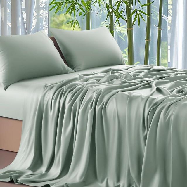 Shilucheng 4-Piece Sheets Set，Rayon Derived from 100% Bamboo_，Cooling & Soft Bed Sheets, Luxury Bedding Sheets & Pillowcases, 16 Inch Deep Pockets (Queen,Sea Glass)