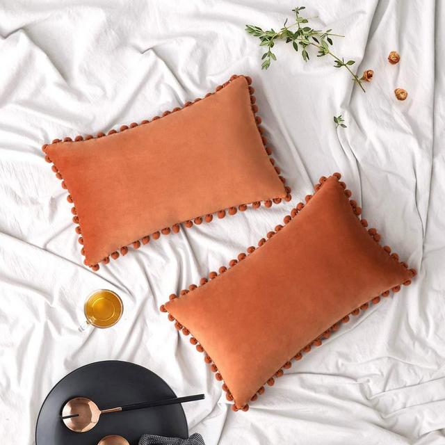 Woaboy Pack of 2 Velvet Throw Pillow Covers Pompom Decorative Pillowcases Solid Soft Cushion Covers with Poms Square for Couch Living Room Sofa Bedroom Car 12x20inch 30x50cm Orange