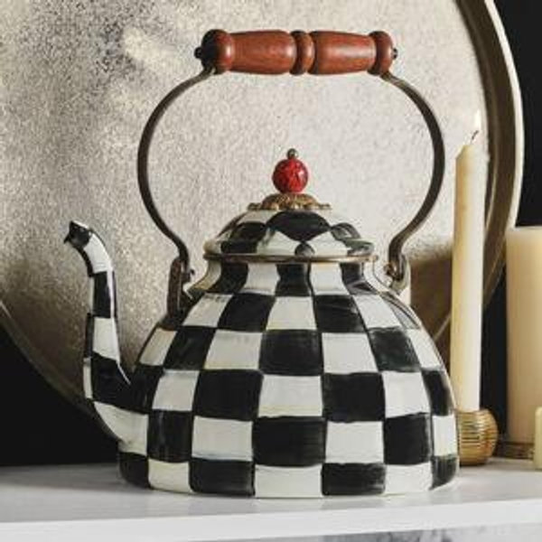 MACKENZIE-CHILDS Enamel Tea Kettle, Stylish Tea Kettle for Stovetop, Black-and-White Courtly Check, 2 Quarts