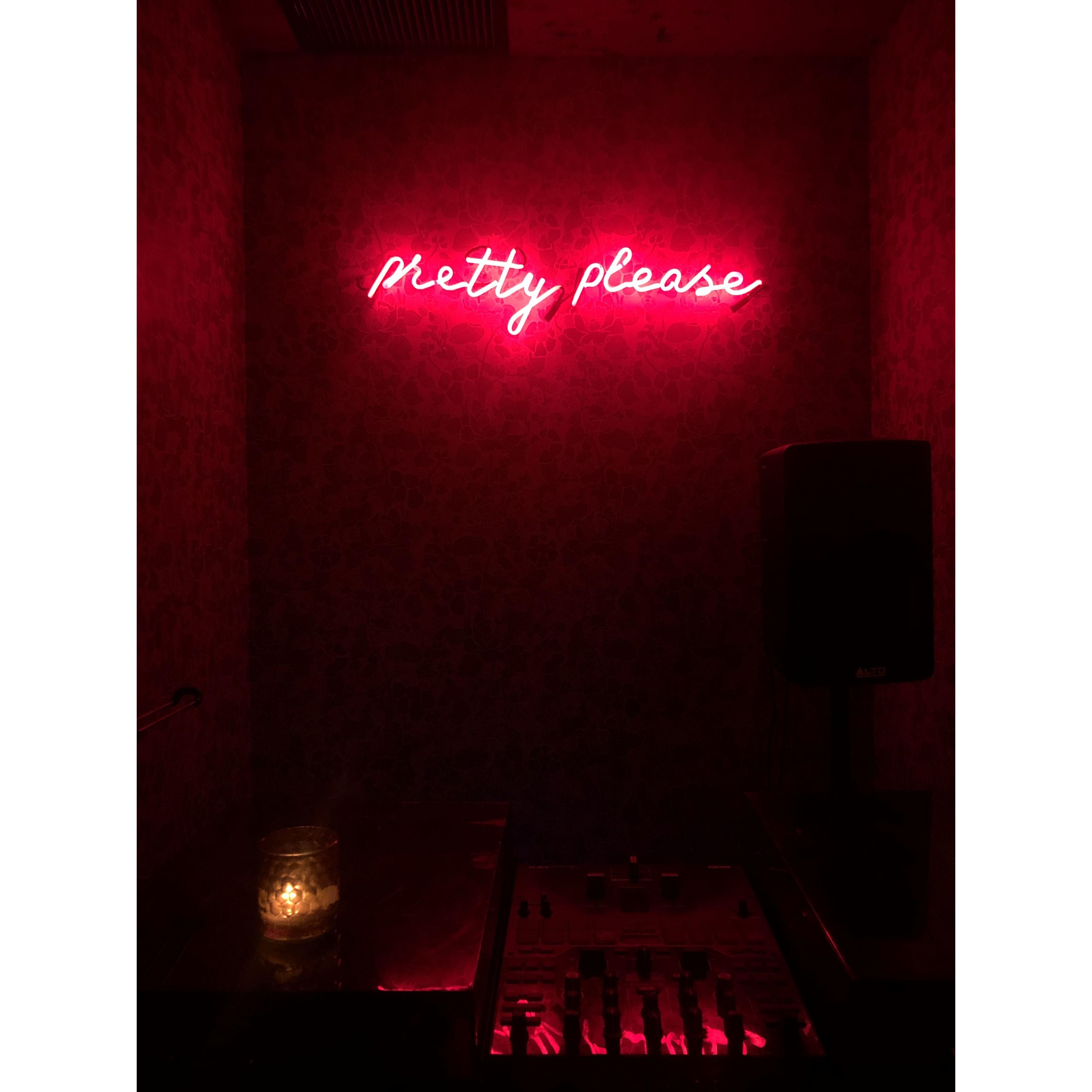 April 3, 2019: The only photo taken on Ed and Erika's first date. When Erika was a little girl, she would always say "pretty please," so this sign stood out to her.