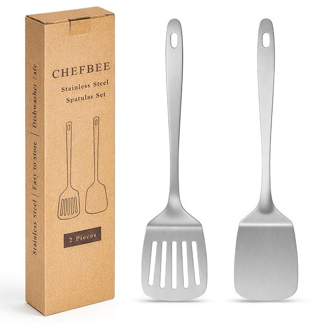 ChefBee 2PCS Metal Spatula Set - Stainless Steel Spatula Solid & Slotted Turner Flipper for Kitchen Use, Heat Resistant Kitchen Cooking Utensils for Flipping Fish, Eggs, Pancakes, Dishwasher Safe
