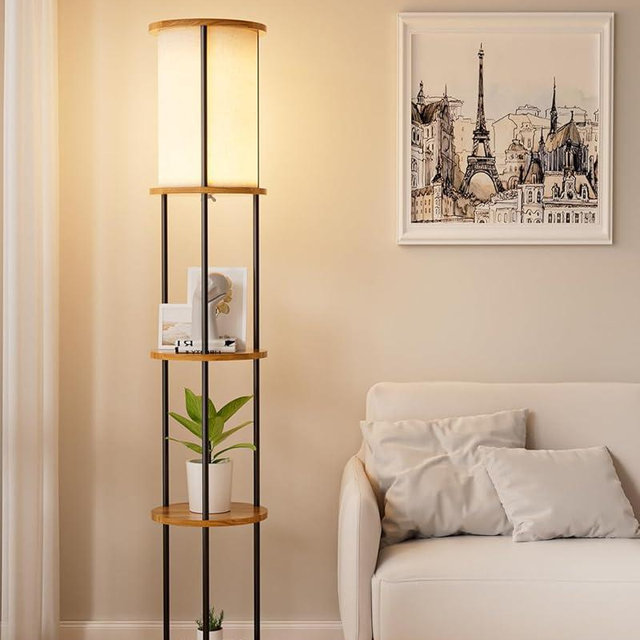 Lightdot 61" Floor Lamp with Shelves, Modern Black Standing Lamp with Fabric Lampshade and 3- Tier Storage Table Attached, 35lb Capacity Solid Wood, Corner Bookshelf Lamps with 3000K E26 Bulb Included