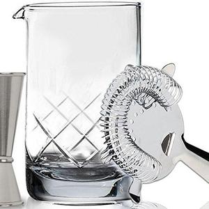 Crystal Cocktail Mixing Glass Set - Includes Thick Bottom 17oz (500ml) Mixing Glass, Jigger & Strainer - Professional Quality - Makes a Great Gift