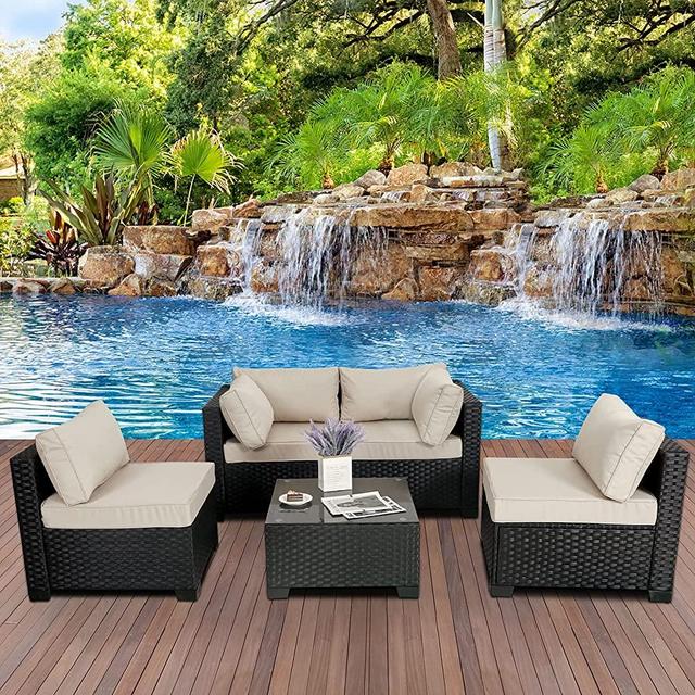 Outdoor Patio PE Wicker 5 Piece Furniture Set, Black Rattan Sectional Conversation Sofa Chair with Coffee Table,Khaki Cushion