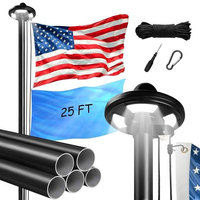 25 FT Flag Pole Light Solar Powered, 12 Gauge Heavy Duty Black Flag Pole Extra Thick Aluminum Flagpole with 126 LED Light, 10 Hour Dusk to Dawn US Flag Set for Outside IP44 waterproof Perfect for Home Park (25FT)