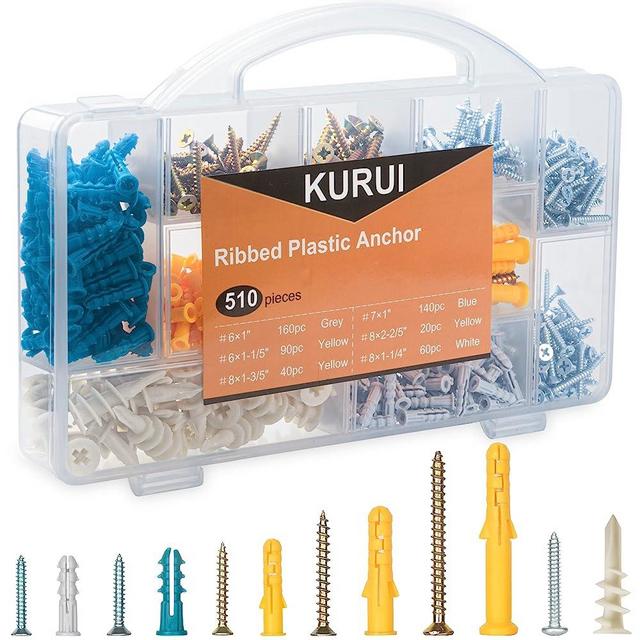 KURUI 510PCS Drywall Anchors and Screws Assortment Kit, 265 Plastic Wall Anchors and 265 Philips Galvanized Flat Head Screws, 6 Sizes with Self Drilling Drywall Anchors and Organizer Box