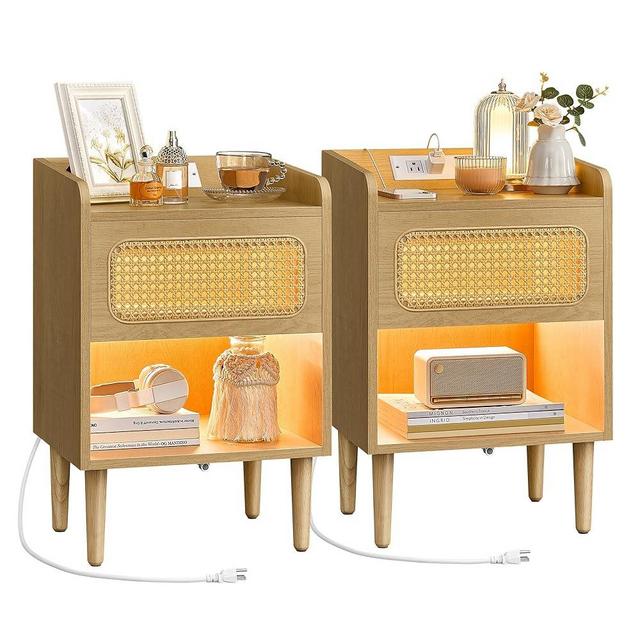VASAGLE BOHOVEN Collection - Nightstands with Charging Station, Set of 2, Bedside Tables with Motion Sensor Lights, Rattan-Like Side End Tables, Solid Wood Legs, for Bedroom, Boho Style, Oak Beige