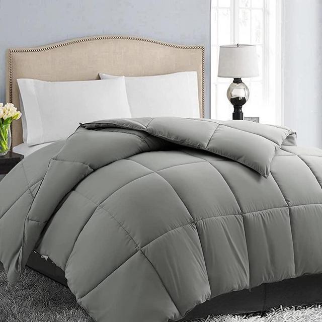EASELAND All Season Queen Size Soft Quilted Down Alternative Comforter Reversible Duvet Insert with Corner Tabs,Winter Summer Warm Fluffy ,Light Grey,88x88 inches