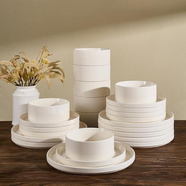Richmount Star 24-Piece Plates and Bowls Set, Porcelain Dinnerware Sets for 8 Service, Modern Dish Set-Chip and Scratch Resistant, Dishwasher & Microwave Safe, Creamy White